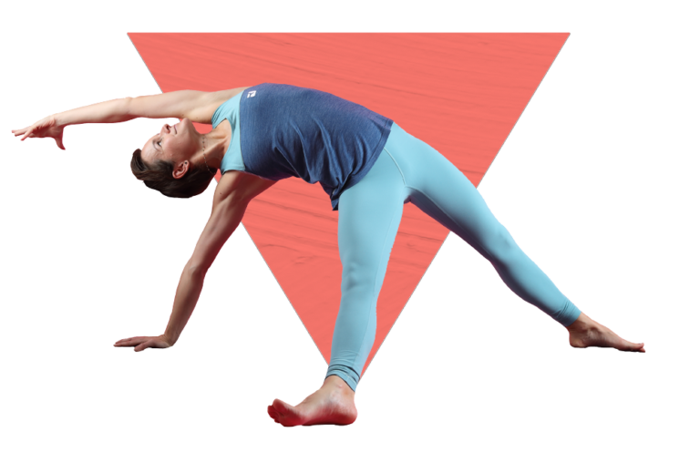 Sportliche Frau mit hellblauer Leggins und dunkelblauem Top streckt sich seitlich nach hinten