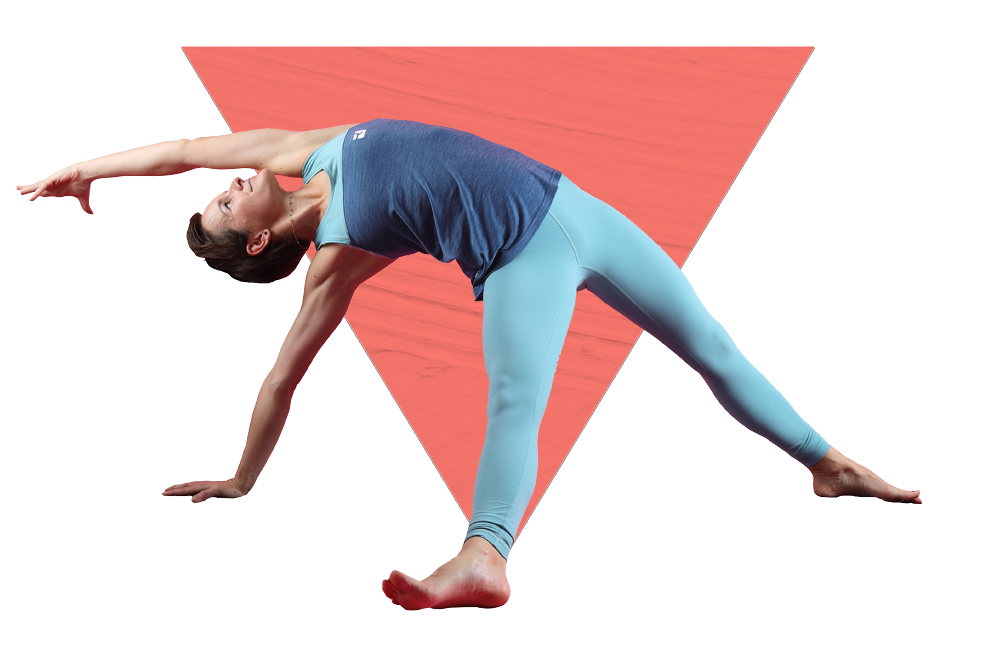 Streckung nach hinten Sportliche Frau mit hellblauer Leggins und dunkelblauem Top streckt sich seitlich nach hinten