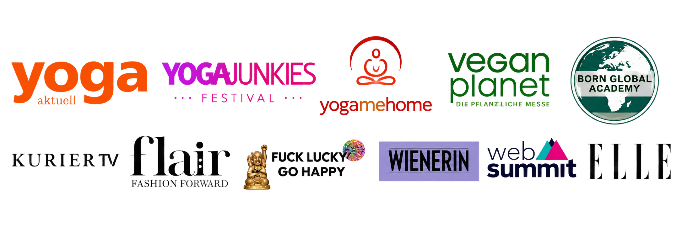 Logos: Yoga Aktuell, Fuck Lucky Go Happy, WKO, Elle, YogaMeHome, Yoga Junkies etc.
