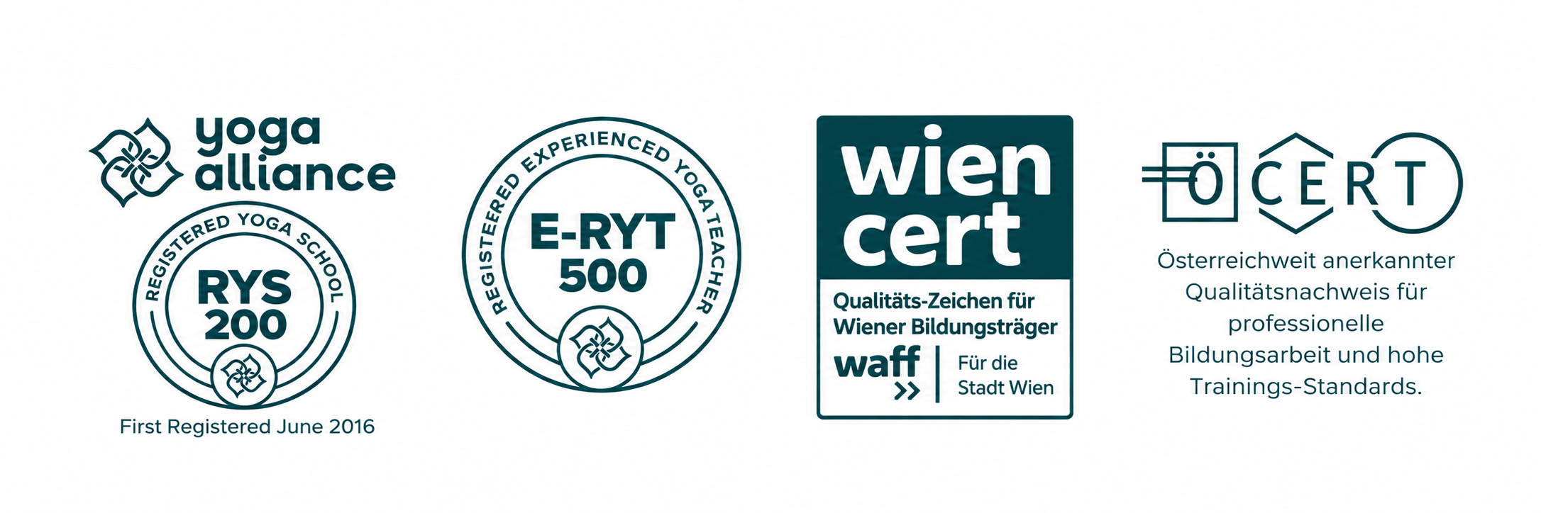 Logos der Zertifizierungen Wien-cert, Ö-cert, Yoga Alliance